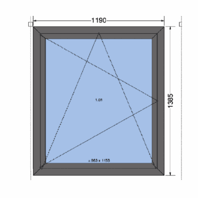 Draaikiep raam | 1190mm breed x 1385mm hoog | 120mm profiel met HVL | Binnen wit houtnerf, buiten Kwarts
