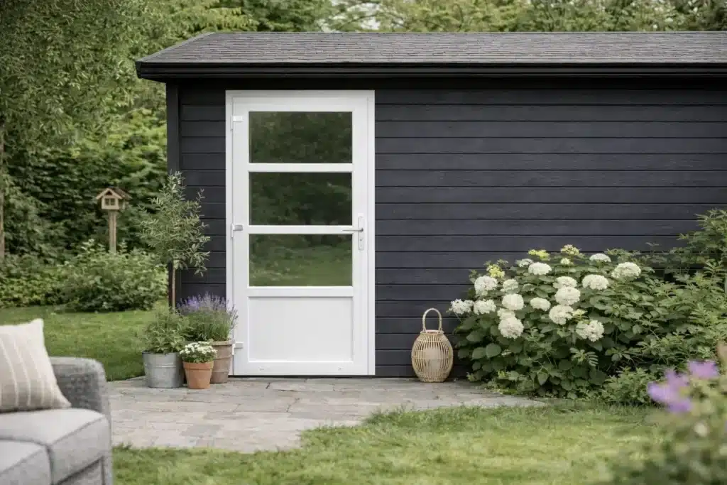 tuinhuis met witte kunststof deur met kozijn