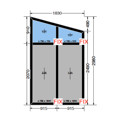 1830 x 2490/2980 | Vaste ramen met bovenlicht | Zwart van buiten