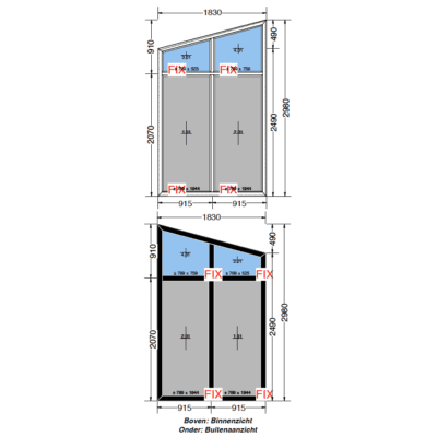 1830 x 2490/2980 | Vaste ramen met bovenlicht | Zwart van buiten